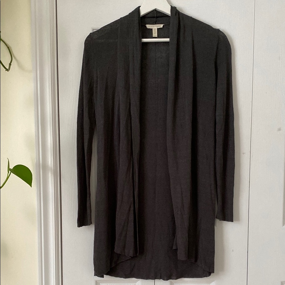 Eileen Fisher Organic Linen Crepe stretch long charcoal cardigan open front